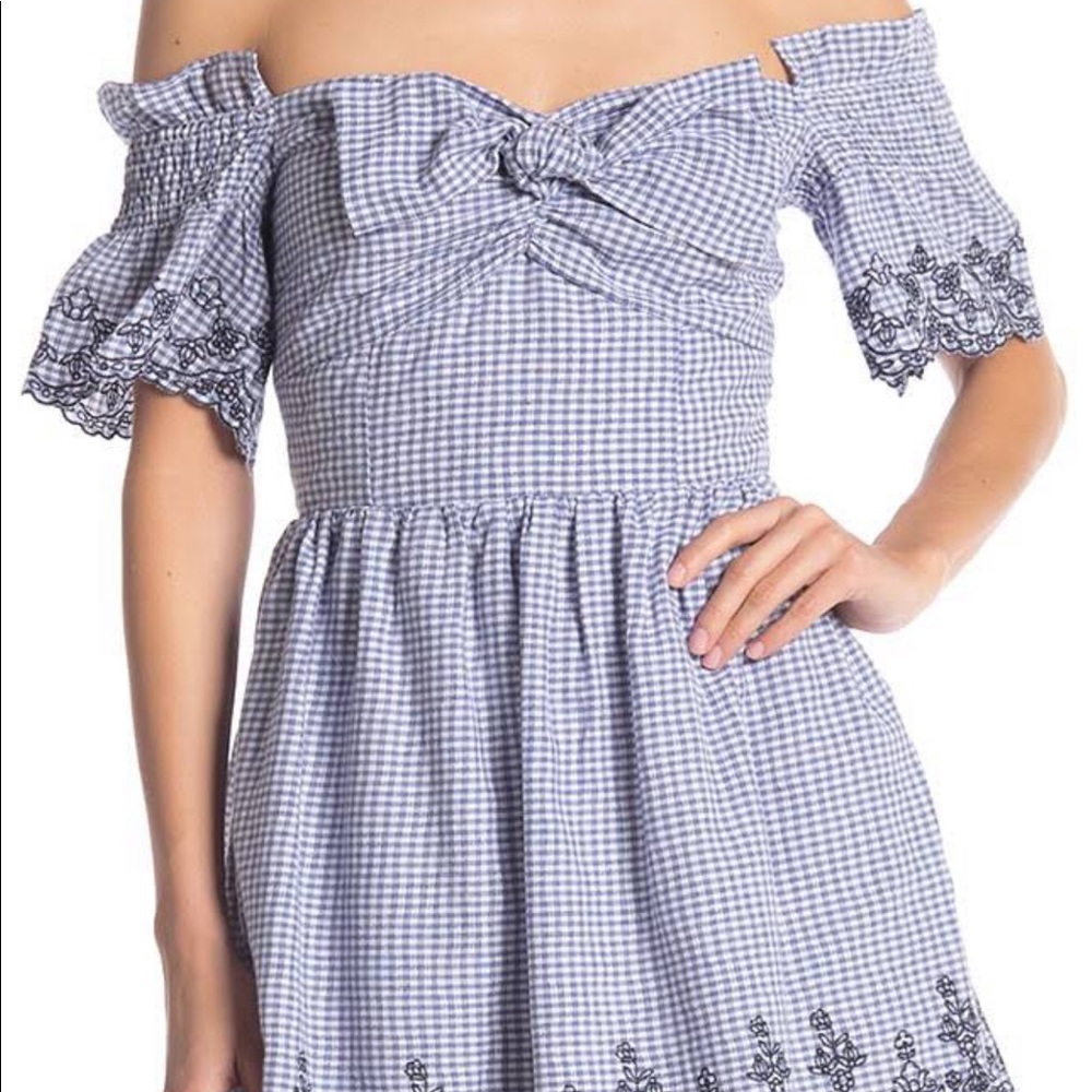 JOA Gingham Embroidered Off-The-Shoulder Dress Blue Gingham L